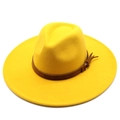 Detail view of yellow wool felt fedora hat featuring a brown leather band and buckle - Adult 57-59cm / Yellow