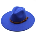 Detail of royal blue wide brim wool fedora hat with brown leather decorative belt - Adult 57-59cm / Blue