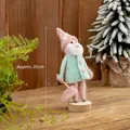 Pink wool felt Christmas doll with polka dot hat and broom on wooden base, 20cm height - Snowman