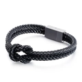 Men's double-layer black woven leather bracelet with central knot and magnetic steel clasp - 21.5cm / Silver