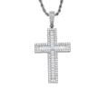Hip-Hop Silber-Kreuzanhänger-Halskette mit Zirkonia-Steinen an einer Kordelkette - Silberner Anhänger + 3mm 24 Zoll Kordelkette