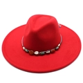 Detail of red wool felt fedora with ethnic woven band featuring shell and agate stones - Adult 57-59cm / Red