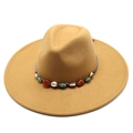 Close-up of ethnic woven band with turquoise and shells on camel wool fedora hat - Adult 57-59cm / Camel