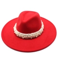 Red wool wide brim fedora hat for men and women featuring a luxury white pearl band decoration - Adult 57-59cm / Red