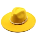 Close-up of bright yellow wide brim wool fedora with white rope and gold buckle - Adult 57-59cm / Yellow