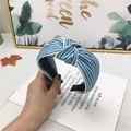 Blue and white striped denim fabric knotted wide headband for women in stylish design - Light Blue Striped