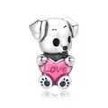 925 sterling silver puppy charm with pink enamel heart and Love engraving - Cute Dog with Heart