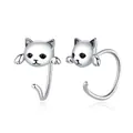 Authentic 925 sterling silver cat earrings with black gemstone eyes for women - Silver
