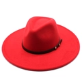 Close-up of red wide brim wool fedora with black leather band and silver rivet accents - Red