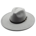 Detail of light gray wide brim fedora hat featuring brown leather band and gold metal studs - Adult 57-59cm / Light Gray