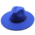 Close-up of wool jazz hat featuring a black leather band and metal rivet accents - Blue