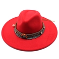 Close-up of red wool fedora with ethnic beaded band and grey tassel detail - Adult 57-59cm / Red