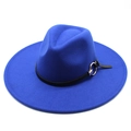 Detailed view of royal blue wool fedora hat with wide brim and gold buckle band - Adult 57-59cm / Blue