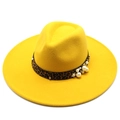 Detail of yellow wool fedora with leopard print band featuring pearls and flower charms - Yellow