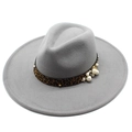 Detail of grey wool fedora featuring leopard band with pearl and floral embellishments - Light Gray
