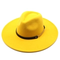 Detail of yellow wool fedora hat featuring a black leather band and gold chain decoration - 57-59cm / Yellow