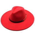 Detailed macro of the bright red wool fedora featuring a chic gold chain and black leather band - 57-59cm / Red