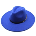 Detailed top view of a royal blue wool fedora with a black band and gold chain accent - 57-59cm / Blue