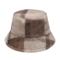 Close-up of plush faux fur texture and classic plaid pattern on the winter bucket hat - Big Plaid Brown