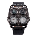 Oulm gunmetal quartz watch with black leather strap, dual time zones and compass - Black Strap White Dial