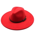 Detail of red wool felt fedora featuring a leopard print band and golden buckle - Adult 57-59cm / Red