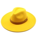 Detailed macro shot of yellow wool fedora hat with brown leather band and gold rivets - Adult 57-59cm / Yellow