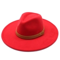 Detail view of red wool fedora hat with wide brim, brown leather band and gold rivet - Adult 57-59cm / Red