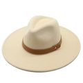 Classic beige wide-brim wool felt jazz fedora hat with brown leather band and gold stud - Adult 57-59cm / Beige