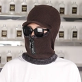 Men's winter thick fleece balaclava knit hat with zipper in dark brown color - One Size / Coffee