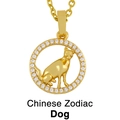Detailaufnahme des vergoldeten chinesischen Sternzeichen Hund Anhängers mit Zirkonia-Steinen - Hund