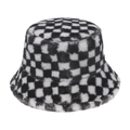 Chapeau bob d'hiver en peluche pour femme avec motif damier noir et blanc classique - Damier Noir et Blanc / Blanc