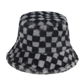 Chapeau bob d'hiver pour femme en fausse fourrure à carreaux noir et blanc chaud et chic - Damier Noir Gris / Gris