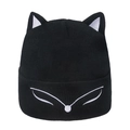 Close-up of animal ear knit beanie with white fox embroidery and ribbed texture - M (56-58cm) / Black