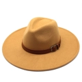 Detail view of khaki wool felt fedora featuring a wide brim and brown leather buckle band - Adult 57-59cm / Camel