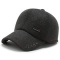 Men's winter wool baseball cap in dark grey with JEANS embroidery and ear protection - Adjustable / Gray