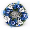 Blue and silver 40cm Christmas wreath with pine needles, mesh bows and shiny baubles - 40cm Blue Balls