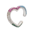 Silver heart ear cuff with colorful gradient zircon inlay in pink, white, green and blue - Platinum Multi Zirconia