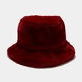 Detailed close-up of dark red faux rabbit fur bucket hat showing soft plush texture - Burgundy