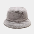 Close-up of soft light grey faux rabbit fur texture on a thick winter bucket hat - Gray