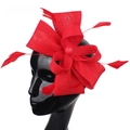 Elegant red Sinamay fascinator hat with feather accents for banquet occasions - Red