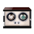 Brown wood grain automatic double watch winder with cream leather interior - 2 Slots / Ebony Lacquer & Cream PU