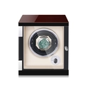 Single watch winder in luxury dark red wood grain and black piano finish with glass window - 1 Slot / Ebony Lacquer & Cream PU