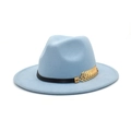Detail of light blue fedora hat with black leather band and golden feather ornament - M (56-58cm) / Sky Blue