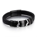 Men's black woven leather bracelet with silver and gunmetal rings and magnetic clasp - Gun Black (Black KB93997-K)