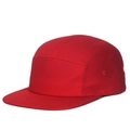 Detail view of red cotton five-panel camper hat with metal eyelets and flat brim design - Red