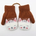 Brown and white color-block knit mittens for toddlers with cute cartoon cat face design - 1-3 Years / Cat Figurine Lanyard Style / Khaki