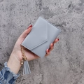 Litchi pattern leather wallet for women in grey-blue with heart pendant tassel - Gray