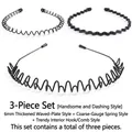 Set cerchietti uomo in metallo nero con design a onda, a molla e a pettine largo - Set Da 3 Pezzi [bello E Affascinante] [con Custodia Protettiva In Pelle]