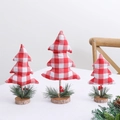 Three mini red and white gingham fabric Christmas trees on natural wood bases - Red and White Gingham Tree