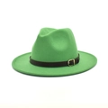 Detailed view of green wool felt fedora with a brown leather buckle band on white background - M (56-58cm) / Grass Green